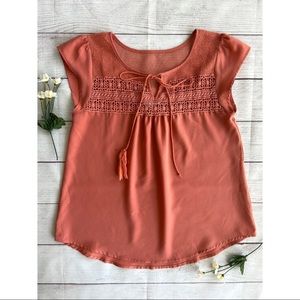 Mine Floral Lace Knit Tie Front Cap Sleeve Top